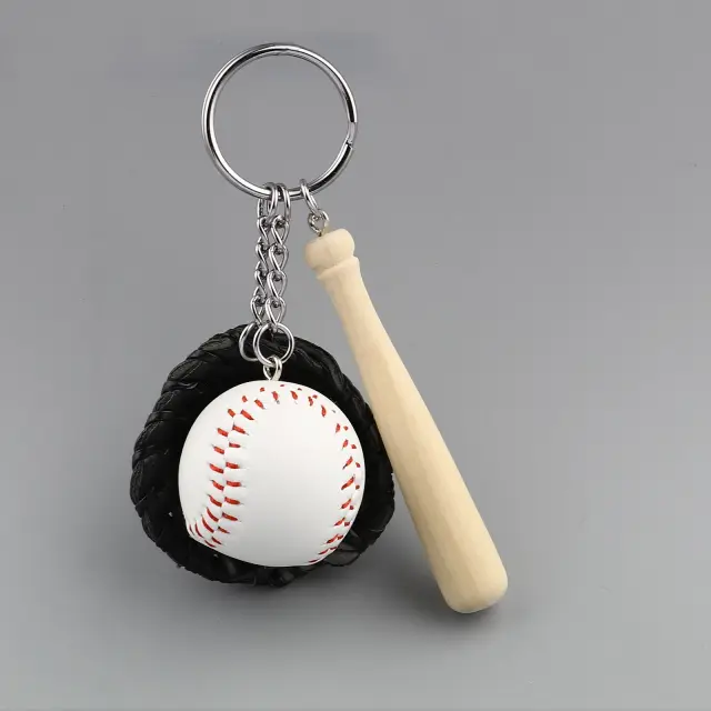 Mini luva de beisebol 3D colorida em PU com chaveiro e bastão de madeira - presente ideal para homens e mulheres, 11 cm, 1 peça