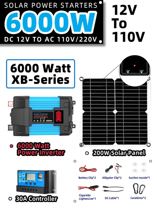 Kit Sistema Solar Off-Grid 6000W Inversor 30A Controlador Painel 200W