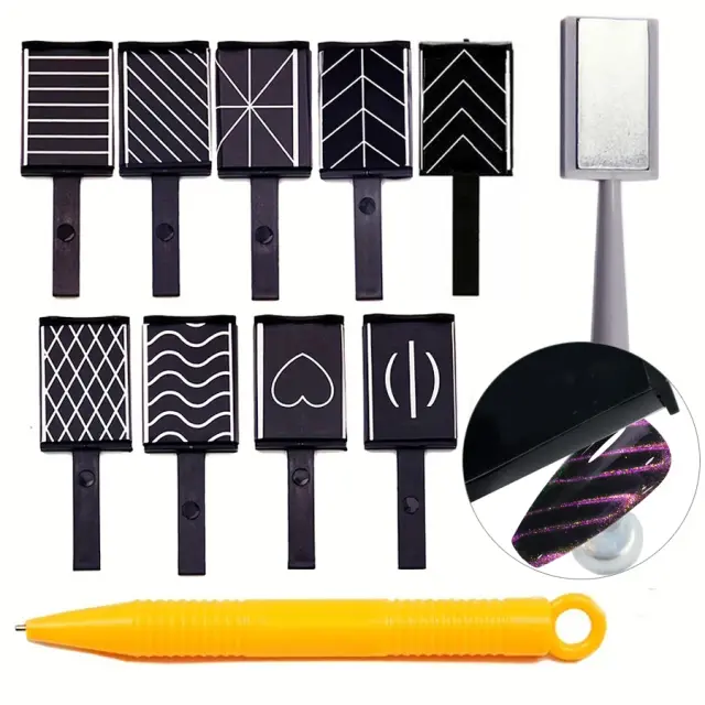 Kit Completo de Placas Magnéticas para Nail Art 3D com Efeito Olhos de Gato - 11 Peças para Criar Designs Exclusivos de Unhas DIY