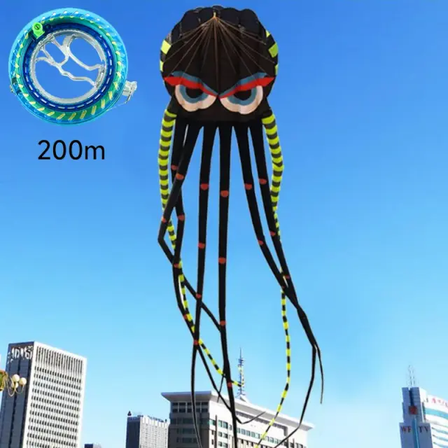 Kite Grande com Polvo, Rodas de Cabo de 8m e 6 Tubos de Vento - Voo Fácil e Tearproof, Ideal como Presente com 200m de Linha