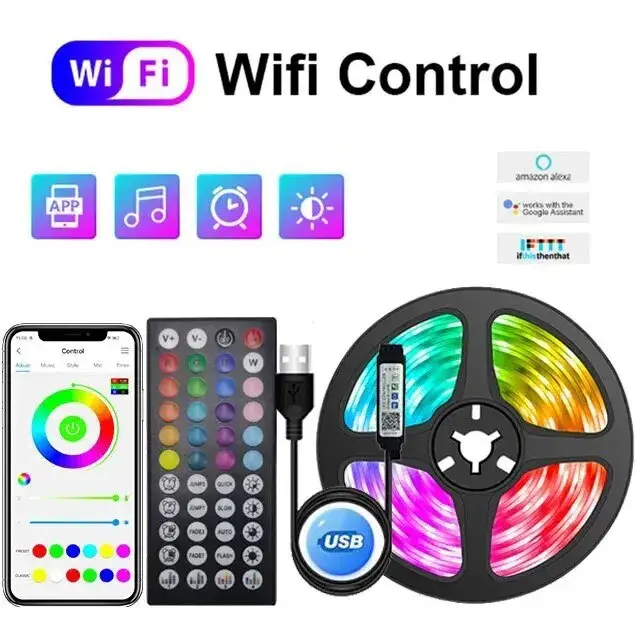 Tira de LED RGB 5050 com Controle Bluetooth por App - Luz Flexível para Decoração de Festas, TV e Ambientes