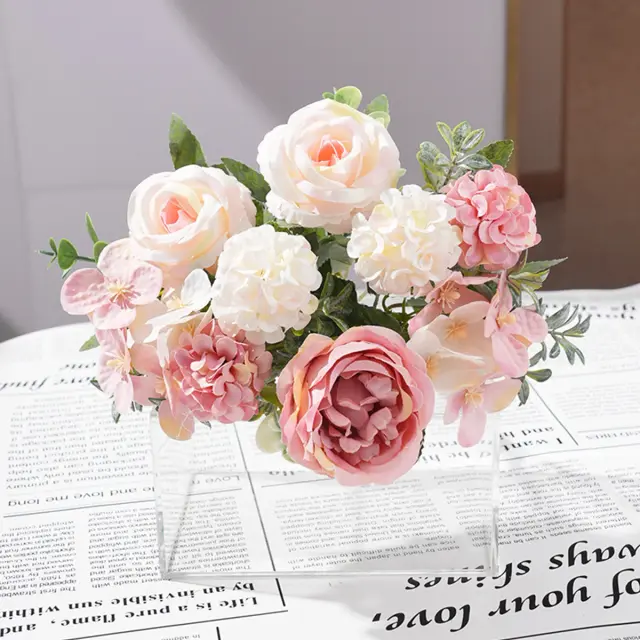 Buquê de Seda Artificial Rosa com Peônias, Hortênsias e Cravos para Decoração de Festas e Casamentos de Inverno - 1 Peça